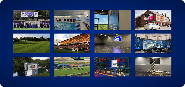 Collage of digital signage screens showcasing Quickscore’s vision of smart, engaging displays.
