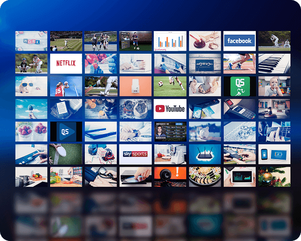 Collage of digital signage screens showcasing Quickscore’s vision of smart, engaging displays.